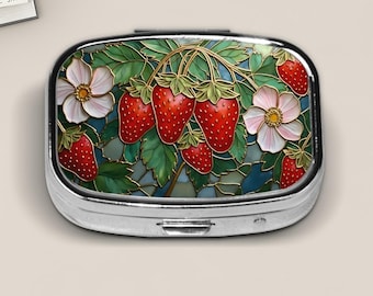 Stained Glass Style Strawberry Pill Box – Floral Berry Design Pocket Pill Case, Small Travel Medicine Holder, Botanical Gift for Her