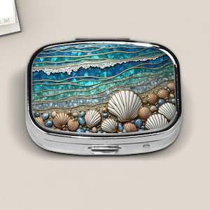 Coastal Seashell Pill Box – Stained Glass Style Ocean Wave Stained Glass Design, Beach Travel Pill Case, Small Jewelry or Vitamin Holder