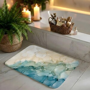 Matching Set Ocean Teal Marble Bath Mat | Blue Green Abstract Watercolor