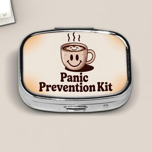 Panic Prevention Kit Pill Box – Funny Retro Coffee Cup Travel Medicine Case with Vintage Vibes