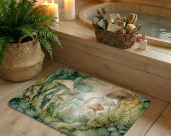 Tappetino da bagno coordinato con motivo foresta di funghi / Tappeto da bagno con felci ad acquerello