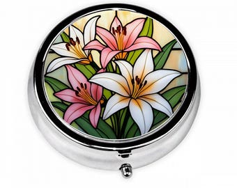 Stained Glass Style Lily Pill Box – Round Silver Pocket Pill Case