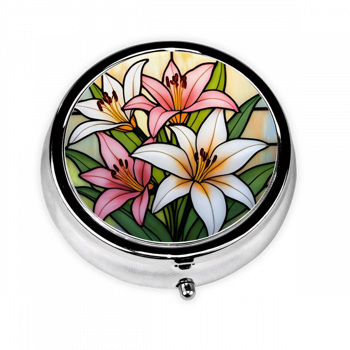 Stained Glass Style Lily Pill Box – Round Silver Pocket Pill Case