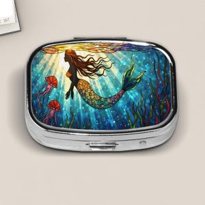 Rainbow Mermaid Pill Box – Stained Glass Style Abalone-Style Ocean Design with Jellyfish and Seaweed – Magical Underwater Travel Case