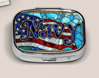 Navy Stained Glass Style (PRINT) Pill Box – Patriotic American Flag Pocket Medicine Case – US Navy Gift for Veterans or Sailors