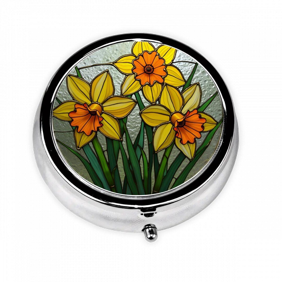 Daffodil Pill Box – Stained Glass Style Yellow Flower Pill Case