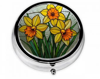 Daffodil Pill Box – Stained Glass Style Yellow Flower Pill Case