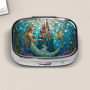 Mermaid Castle Pill Box – Stained Glass Style Fantasy Design with Underwater Kingdom – Magical Ocean-Themed Travel Case for Pills