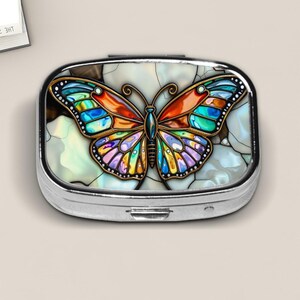 Stained Glass Style Butterfly Pill Box – Colorful Metal Travel Pill Case with Vibrant Wing Design – Small Jewelry or Mint Storage Box Gift
