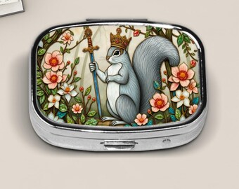 Regal Squirrel Stained Glass Style Pill Box – Crowned Woodland Guardian with Sword and Floral Frame – Fantasy Forest Pocket Pill Case