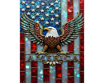 May include: A decorative metal sign featuring an American flag design with a bald eagle. The flag has red and white stripes, blue stars, and the word "AMERICA" in gold lettering. The eagle has outstretched wings.
