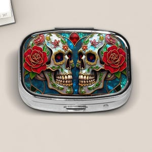 Sugar Skull Couple Pill Box – Stained Glass Style Día de los Muertos Design with Red Roses – Gothic Romance Pocket Medicine Case