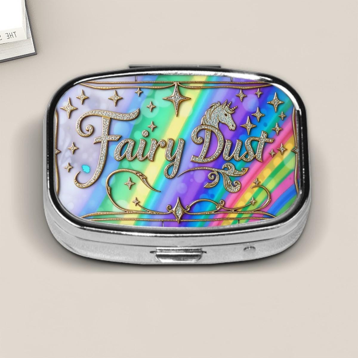 Fairy Dust Pill Box – Rainbow Unicorn Glitter Design – Magical Sparkly Travel Pill Case – Cute Fantasy Gift for Her or Kids