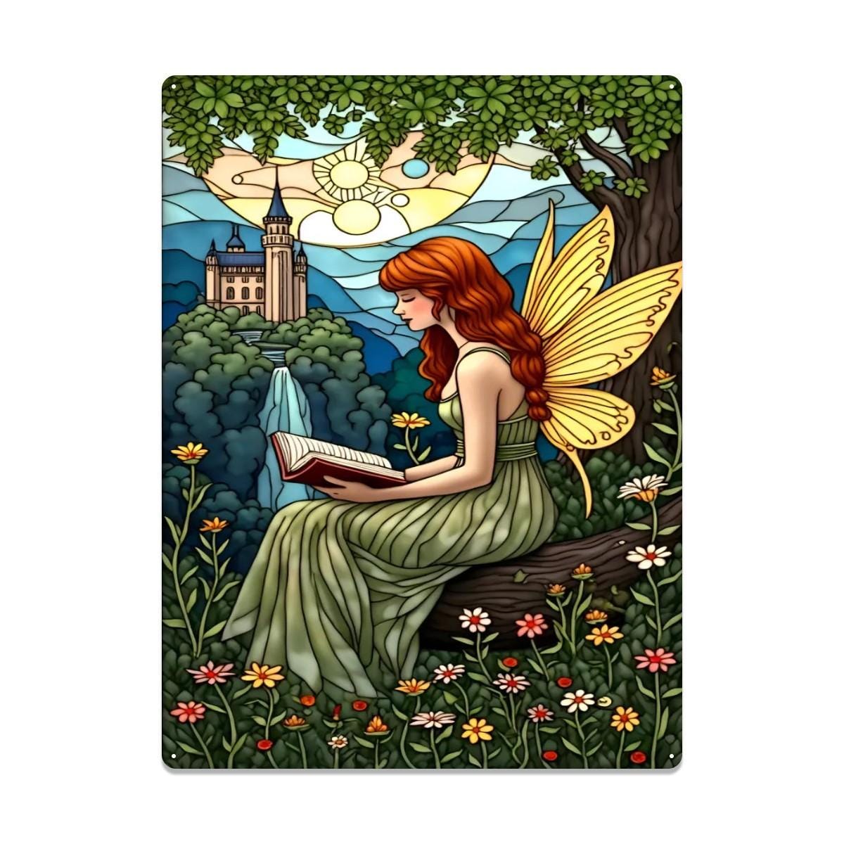 Sunlit Fairy Reading Metal Wall Art –  Enchanted Castle & Waterfall Scene – Whimsical  Decor for Fantasy Book Lovers 16"x12" (Vertical)