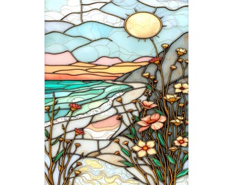 Coastal Wildflower Stained Glass Style Tin Sign – Ocean Sunset