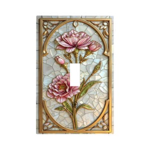 Matching Pink Carnation Stained Glass Style (PRINT) Light Switch Cover – Vintage Floral Switch Plate with Gold Frame 1-Gang 1 Toggle