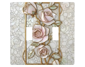 NOT 3D Matching Blush Pink Rose Stained Glass Style (PRINT) Double Toggle Light Switch Cover,  Floral Wall Plate, Romantic Home Accent