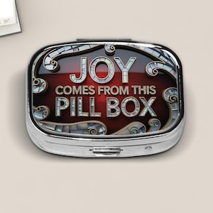 Funny Stained Glass Pill Box – &quot;Joy Comes From This Pill Box&quot; – Humorous Travel Pill Case for Daily Meds or Vitamins