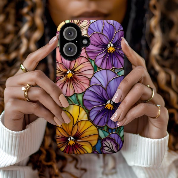 Funda para iPhone con diseño de vitrales y pensamientos: fundas resistentes, carcasa floral, diseño floral vibrante, regalo de primavera, accesorio para amantes de la naturaleza.
