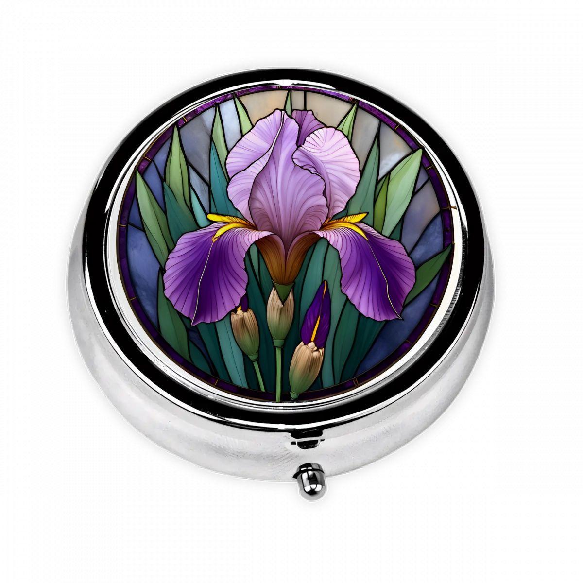 Stained Glass Style Iris Pill Box - Round Silver Pocket Pill Case with Purple Flower Design - Elegant Floral Travel Pill Organizer for Women
