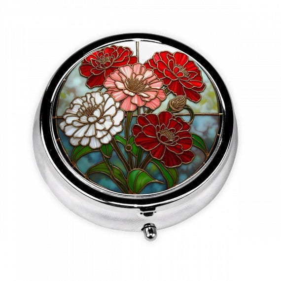 Zinnia Flower Pill Box – Stained Glass Style Floral Pill Case