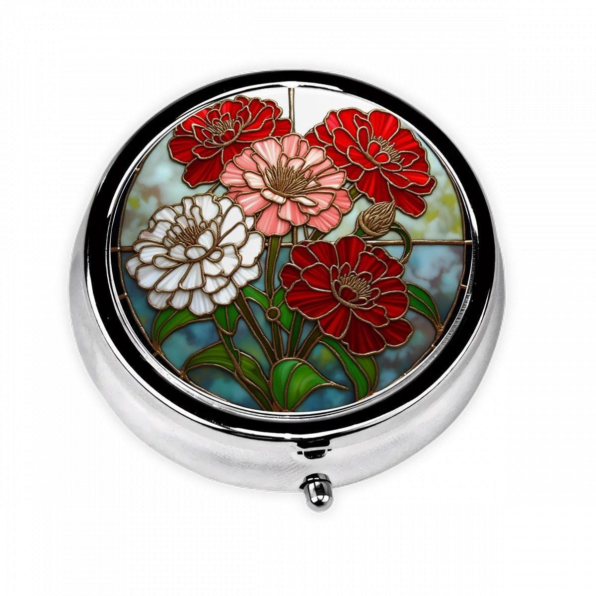 Zinnia Flower Pill Box – Stained Glass Style Floral Pill Case