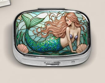 Stained Glass Style Mermaid Pill Box – Ocean Fantasy Design, Pocket-Sized Pill Case, Nautical Gift for Her, Under the Sea Organizer