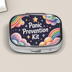 Whimsical Rainbow &quot;Panic Prevention Kit&quot; Pill Box – Cute Pastel Clouds & Stars Pocket Medicine Case