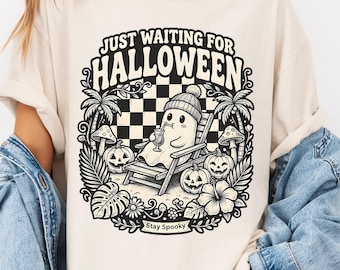 Just Waiting for Halloween Ghost-T-shirt | T-shirt | Comfortkleuren | Spookachtig pompoendambordontwerp