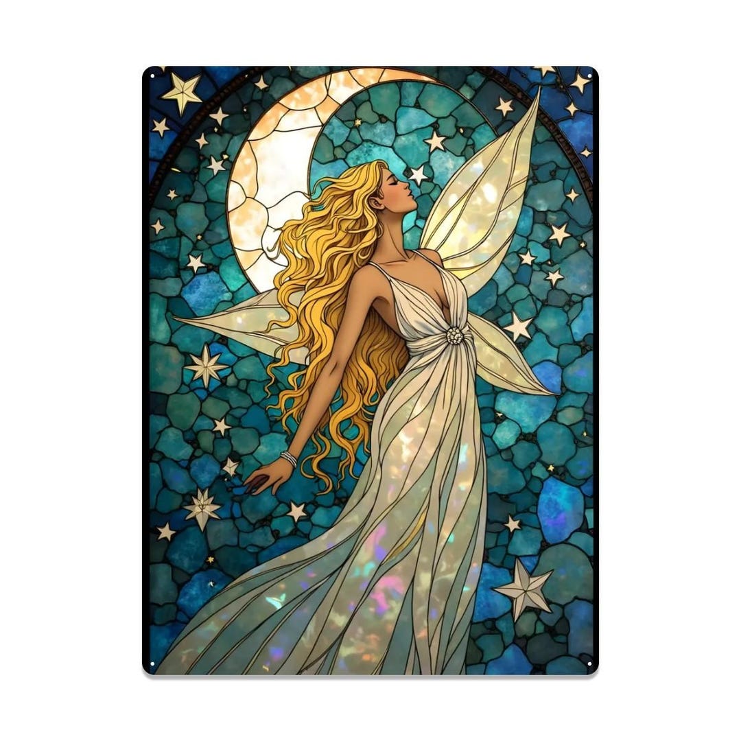 Celestial Fairy Metal Sign – Blonde Moon Fairy in Flowing Gown