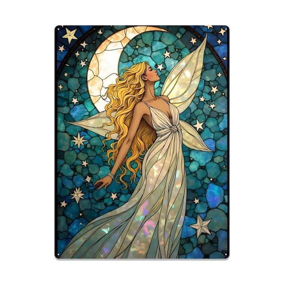 Celestial Fairy Metal Sign – Blonde Moon Fairy in Flowing Gown