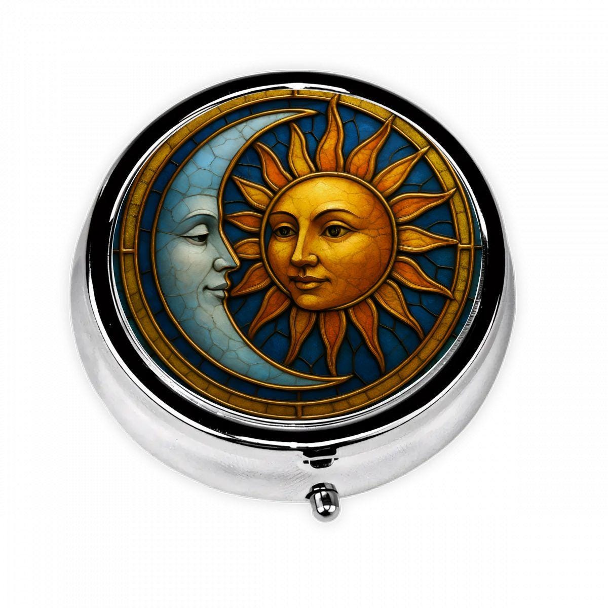Sun and Moon Pill Box – Celestial Stained Glass-style Travel Pill