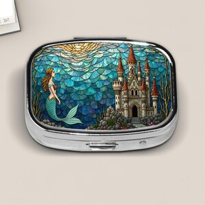 Mermaid and Castle Pill Box – Stained Glass Style Ocean Fantasy Design with Fairytale Castle – Underwater Magical Travel Case for Pills