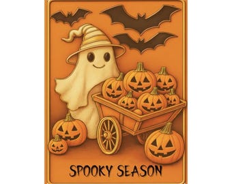 Spooky Season Tin Sign – Cute Halloween Wall Art with Ghost, Pumpkins, and Bats – Vintage Style Fall Decor  16"x12" (Vertical)