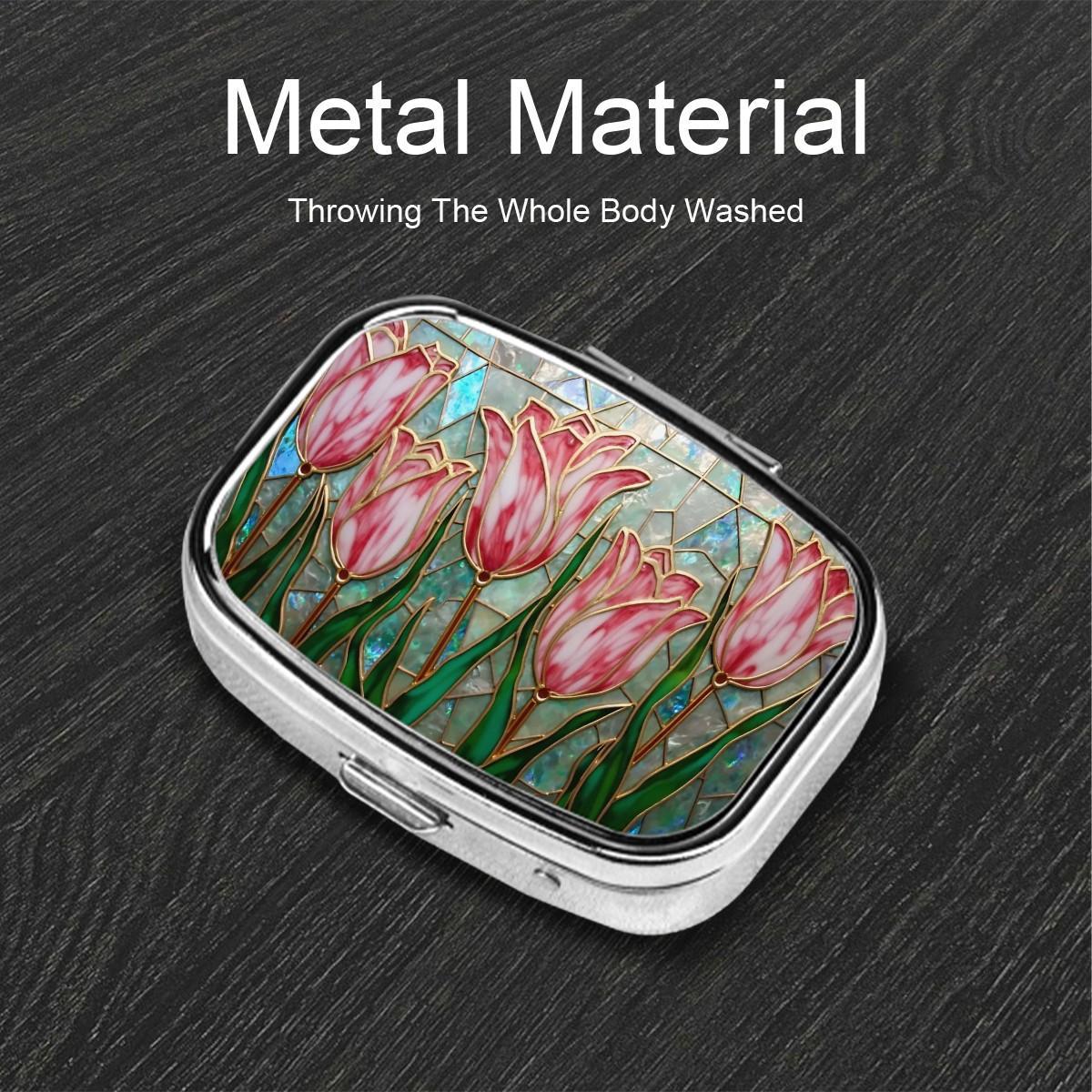 Stained Glass Style Tulip Pill Box – Pink Floral Travel Pill Case