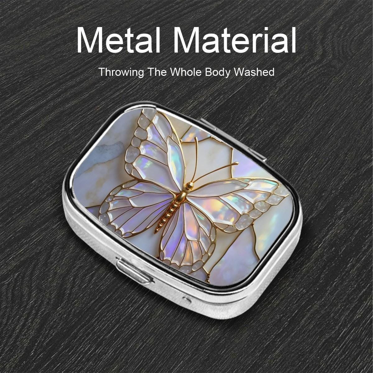 Iridescent Butterfly Pill Box – Gold Outline Stained Glass Style