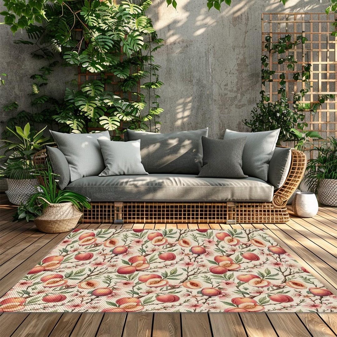 Peach Blossom Outdoor Rug – Vintage Fruit Pattern Patio Mat for Porch ...