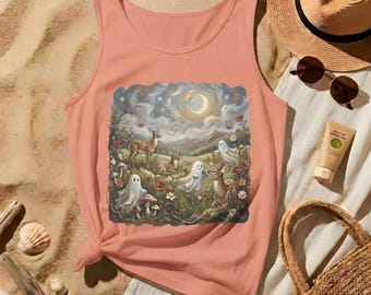 Woodland Moonlight Scene Ghosts and Deer Tank Top | Comfort Colors | Whimsical Night Forest Art