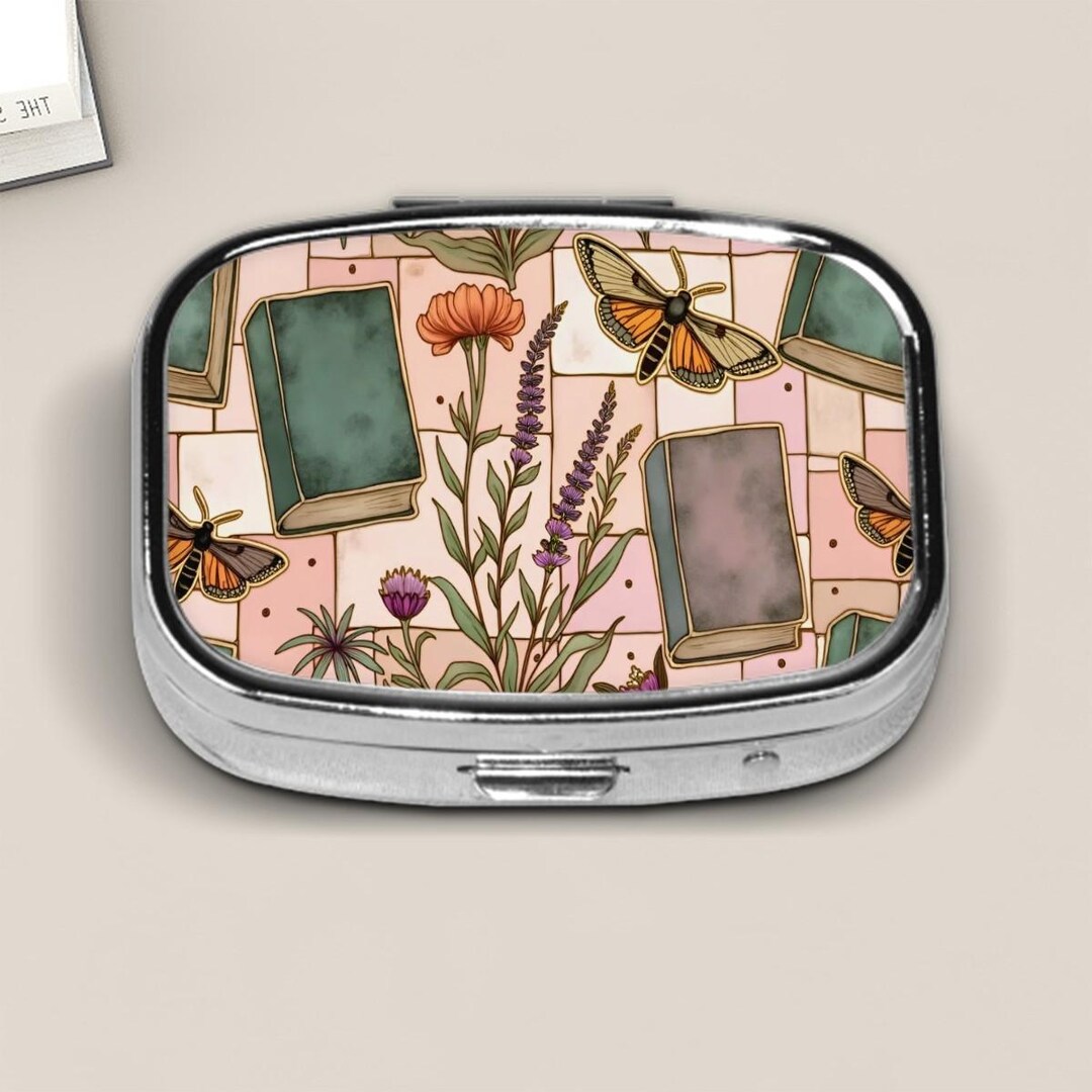 Cottagecore Book Lover Pill Box – Stained Glass Style Moth