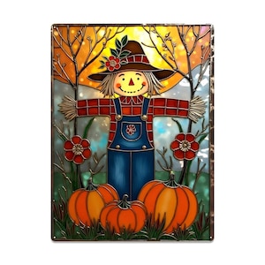 Smiling Scarecrow Tin Wall Art – Fall Harvest Decor with Pumpkins and Flowers in Stained Glass Style 16&quot;x12&quot; (Vertical)