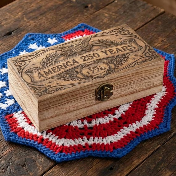 America 250 Years Wooden Keepsake Box – Est. 1776 Patriotic Faux