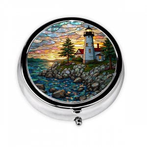 Sunset Lighthouse Stained Glass Style Pill Box – Coastal Scene Travel Pill Case with Ocean Cliffs and Cottage Design, Nautical Gift