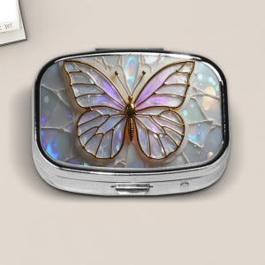 Iridescent Butterfly Pill Box – Stained Glass Style (PRINT) with Gold Outline – Small Pocket Organizer for Pills, Mints, or Jewelry