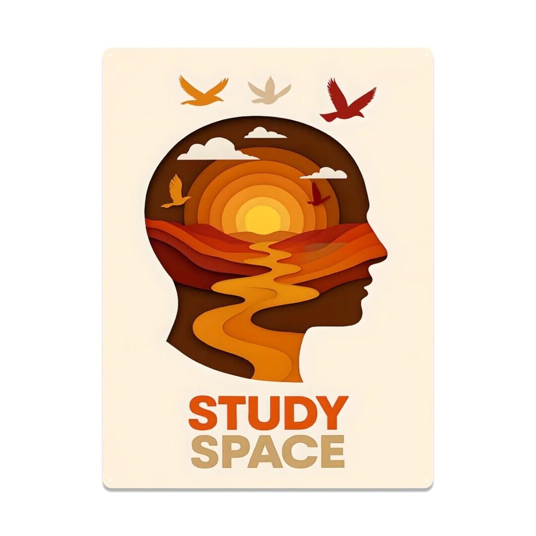 Study Shed Graphics Study Space Tin Sign Wall Art – Sunset Head Silhouette Inspirational ...
