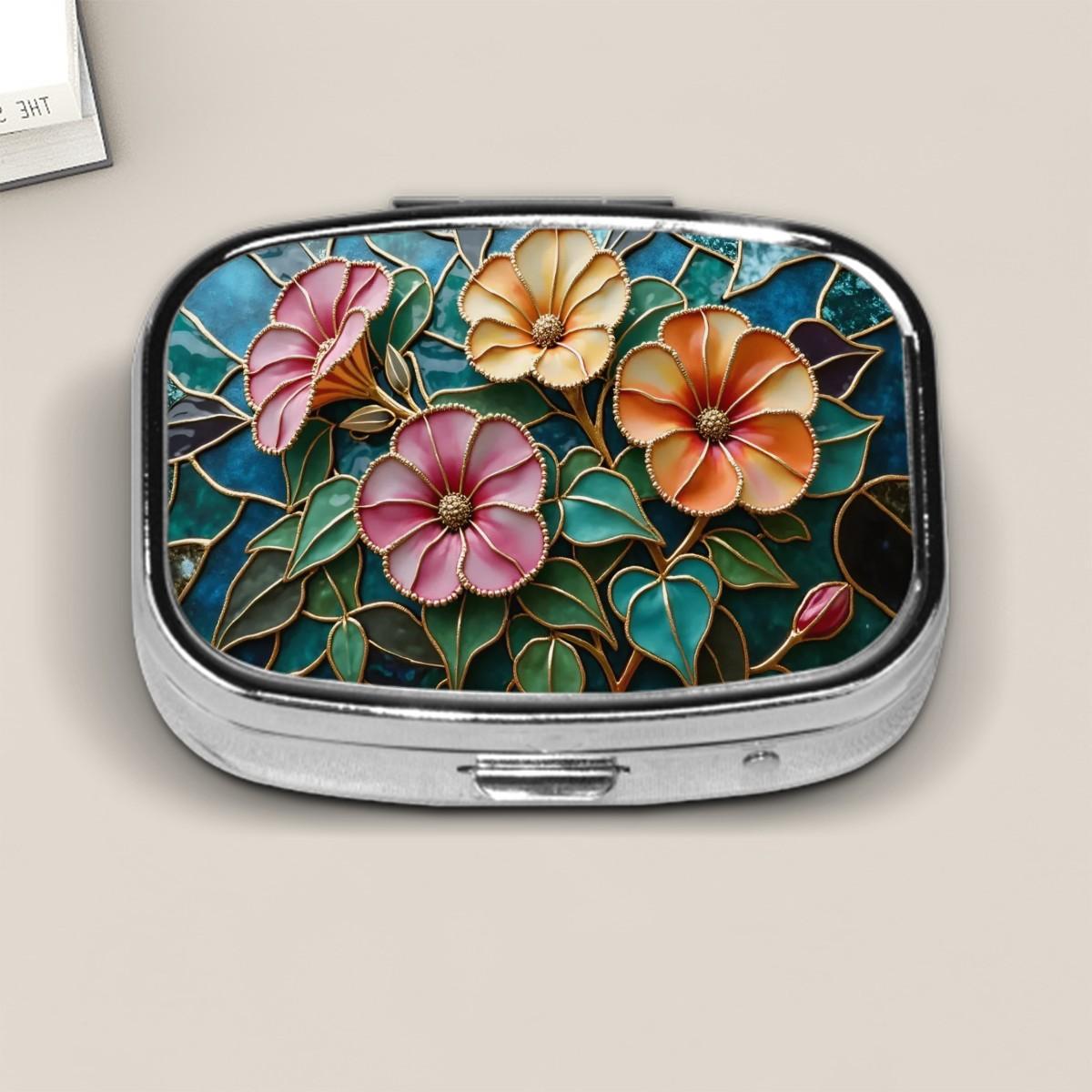 Colorful Petunia Floral Pill Box Stained Glass Style (PRINT