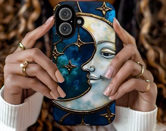Artistiek iPhone-hoesje met hemels ontwerp, maanfasen-telefoonhoes, stoere hoesjes voor astrologieliefhebbers, cadeau voor hemelliefhebbers, trendy tech
