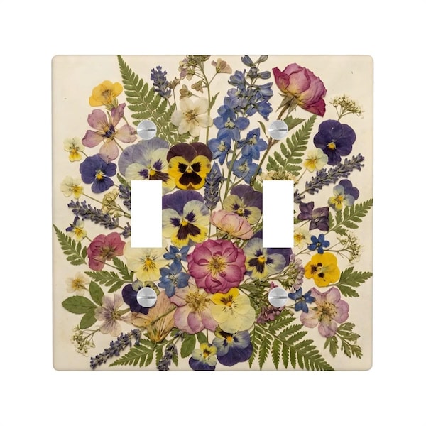Cubierta de interruptor de luz con estampado de flores silvestres prensadas a juego – Decoración de pared floral botánica vintage – Placa de interruptor de doble palanca