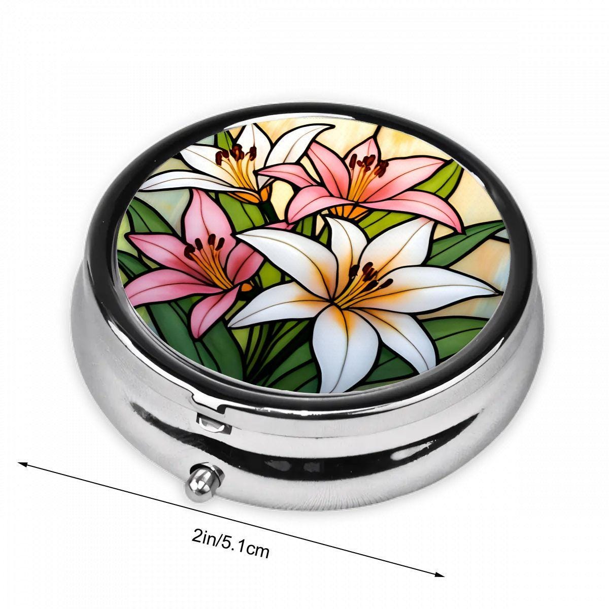 Stained Glass Style Lily Pill Box – Round Silver Pocket Pill Case
