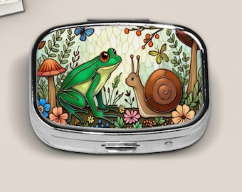 Frog and Snail Woodland Pill Box – Stained Glass Style Forest Friends with Mushrooms and Flowers – Cute Nature Travel Pill Case Gift