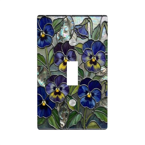 NO ES 3D. Incluye una tapa para interruptor de luz estilo vidriera con diseño de pensamiento azul a juego (IMPRESIÓN), placa de pared Art Nouveau floral y decoración botánica vintage.